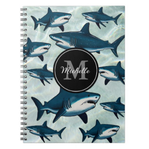 Elegant blue white shark Personalised Monogram Notebook