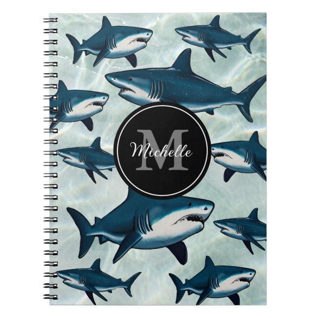 Elegant blue white shark Personalised Monogram     Notebook (Front)