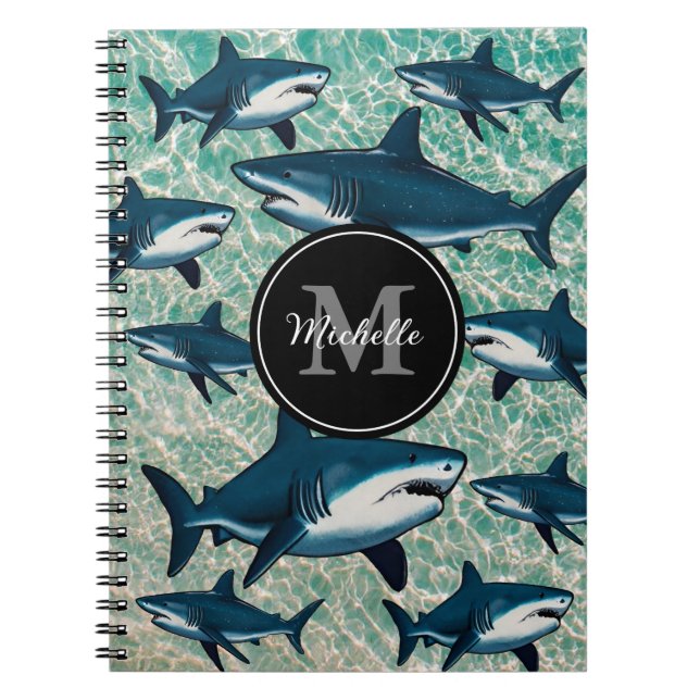 Elegant blue white shark Personalised Monogram     Notebook (Front)