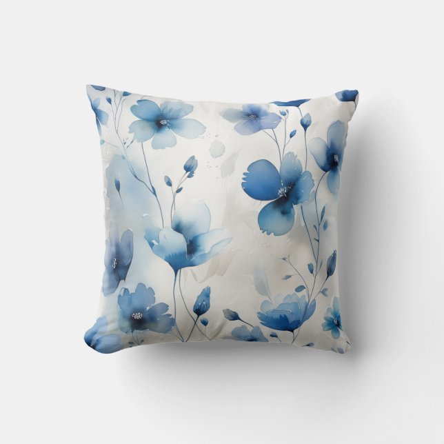 Elegant blue white silver watercolor florals  cushion (Front)