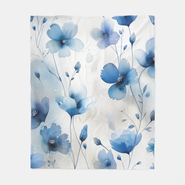 Elegant blue white silver watercolor florals  fleece blanket (Front)