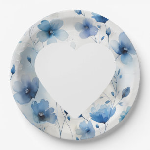 Elegant blue white silver watercolor florals paper plate