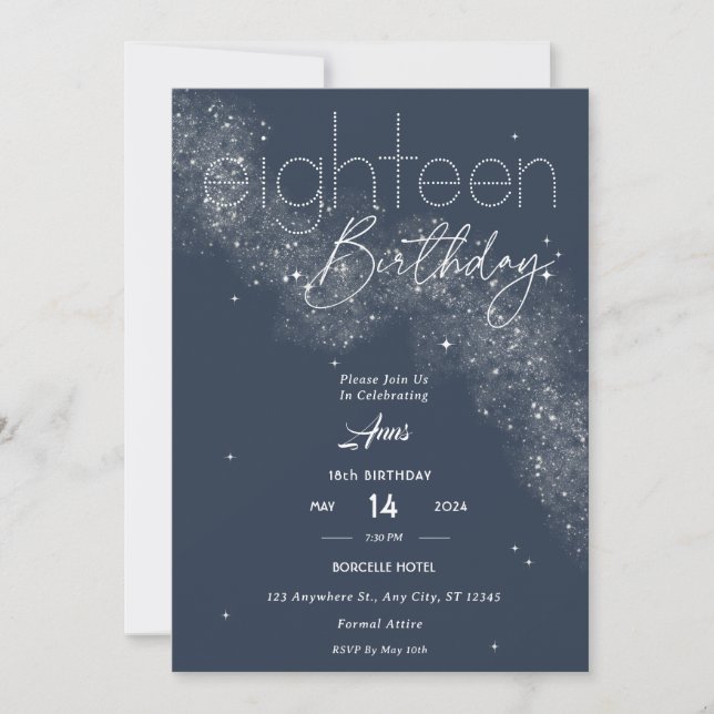 Elegant Blue & White Stardust 18th Birthday Party Invitation (Front)