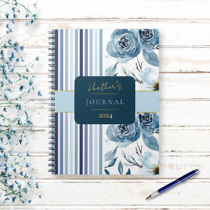 Elegant Blue White Stripe Floral Journal Notebook