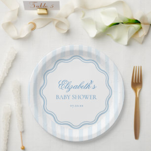 Elegant Blue White Stripes Wavy Scalloped Frame Paper Plate