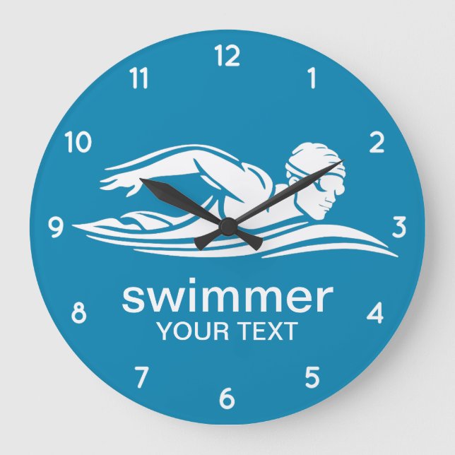 Elegant Blue White Swimmer Swimming Pool Water    Large Clock (Front)