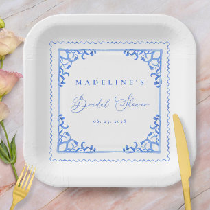 Elegant Blue White Tile Bridal Shower Paper Plate