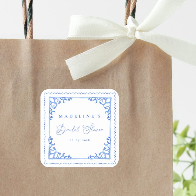 Elegant Blue White Tile Bridal Shower Square Sticker (Creator Uploaded)