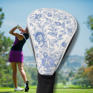 Elegant Blue & White Toile Floral Pattern Monogram Golf Head Cover