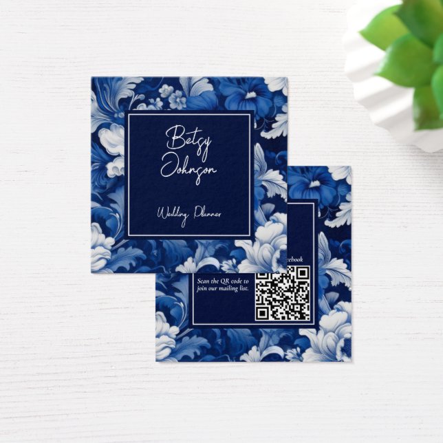 Elegant Blue & White Vintage Floral Business Card (Desk)