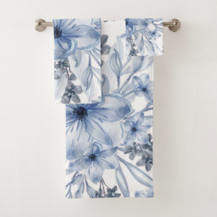 Elegant Blue white watercolor Floral Bath Towel Set