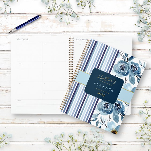 Elegant Blue White Watercolor Floral Custom Yearly Planner (Plan your year with this blue floral and striped personalized planner. )