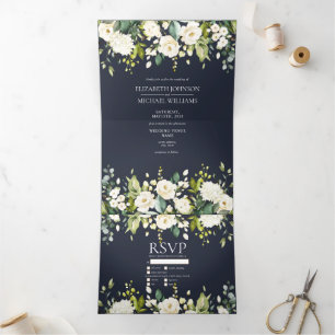 Elegant Blue & White Watercolor Floral Wedding Tri-Fold Invitation