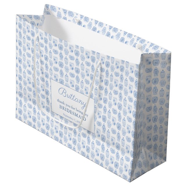 Elegant Blue & White Wedding Bridesmaid Thank You Large Gift Bag (Front Angled)