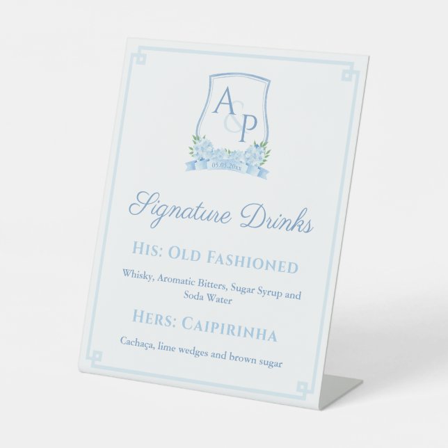 Elegant Blue White Wedding Crest Signature Drinks Pedestal Sign (Front)