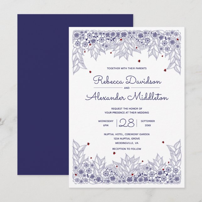 Elegant Blue White Wedding Invitation (Front/Back)