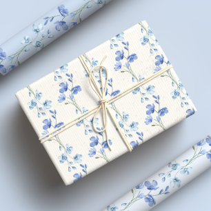 Elegant Blue & White Wildflower Watercolor Wrapping Paper Sheet