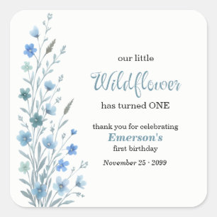 Elegant Blue Wildflower 1st Birthday Party Square Sticker
