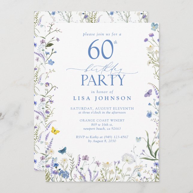Elegant Blue Wildflower Adult 60th Birthday Party  Invitation (Front/Back)