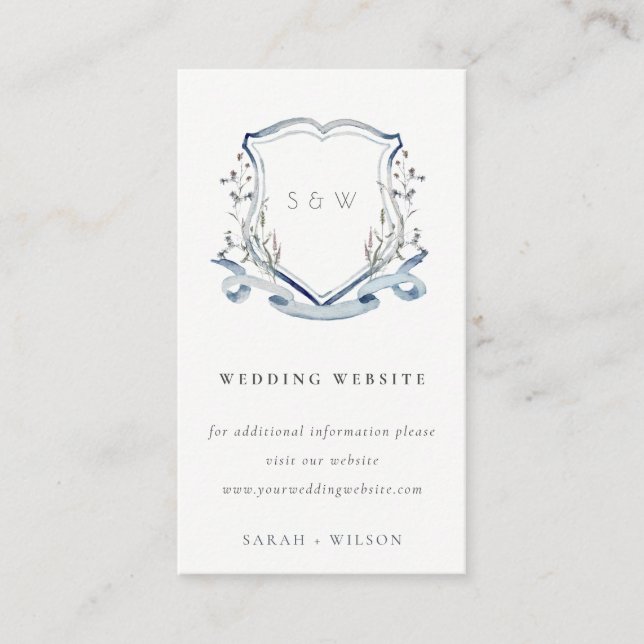 Elegant Blue Wildflower Crest Wedding Website Enclosure Card (Front)