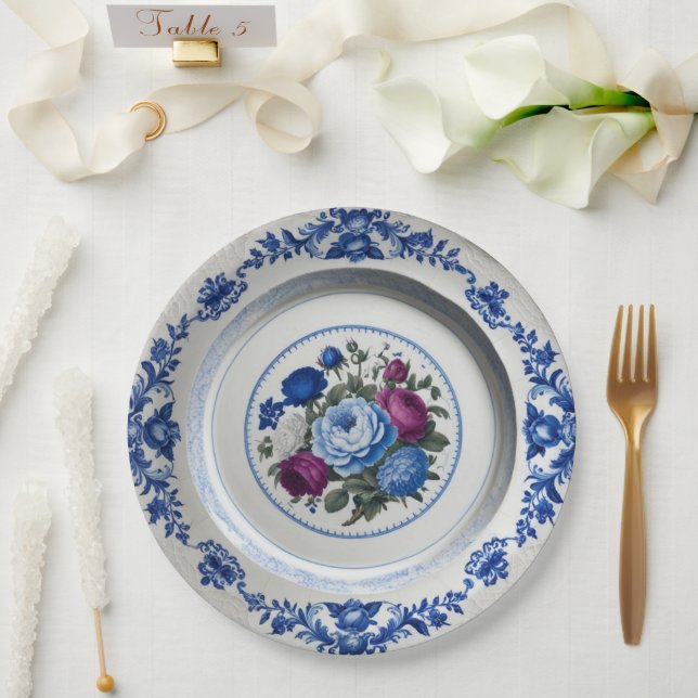 Elegant Blue wildflower Floral Ceramic Wedding Paper Plate (Wedding)