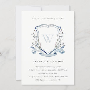 Elegant Blue Wildflower Monogram Crest Baptism Invitation