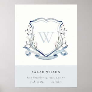 elegant Blue Wildflower Monogram Crest Birth Stat Poster