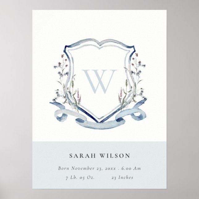 elegant Blue Wildflower Monogram Crest Birth Stat Poster (Front)