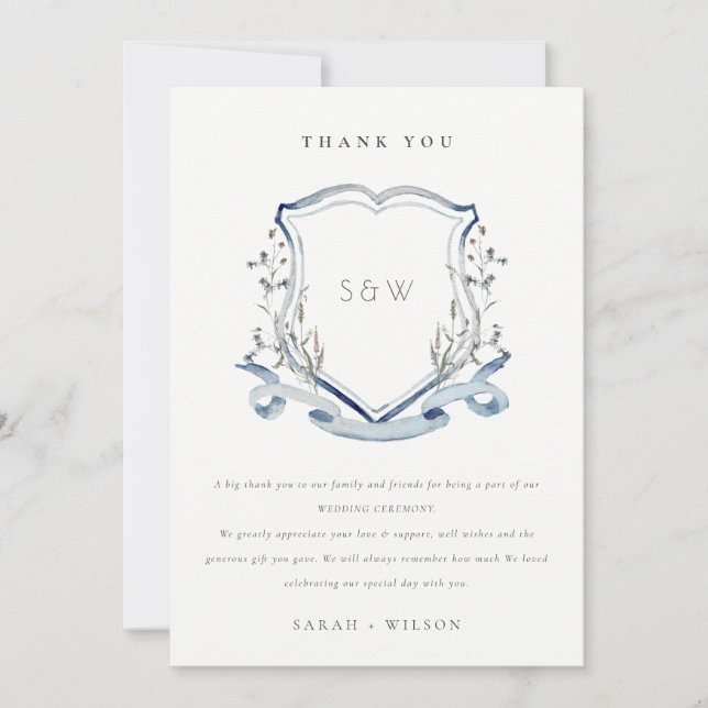Elegant Blue Wildflower Monogram Crest Wedding Thank You Card (Front)