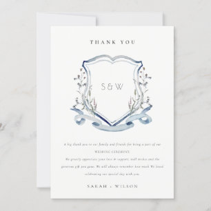 Elegant Blue Wildflower Monogram Crest Wedding Thank You Card
