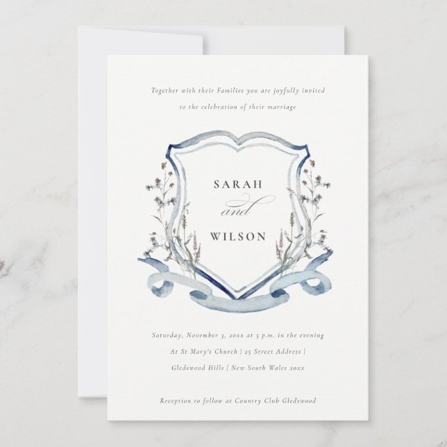 Elegant Blue Wildflower Watercolor Crest Wedding Invitation (Front)