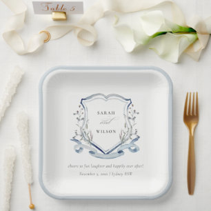 Elegant Blue Wildflower Watercolor Crest Wedding Paper Plate