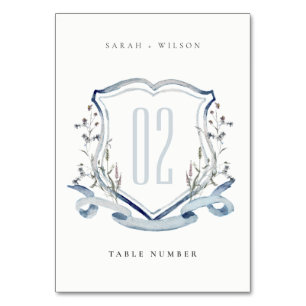 Elegant Blue Wildflower Watercolor Crest Wedding Table Number