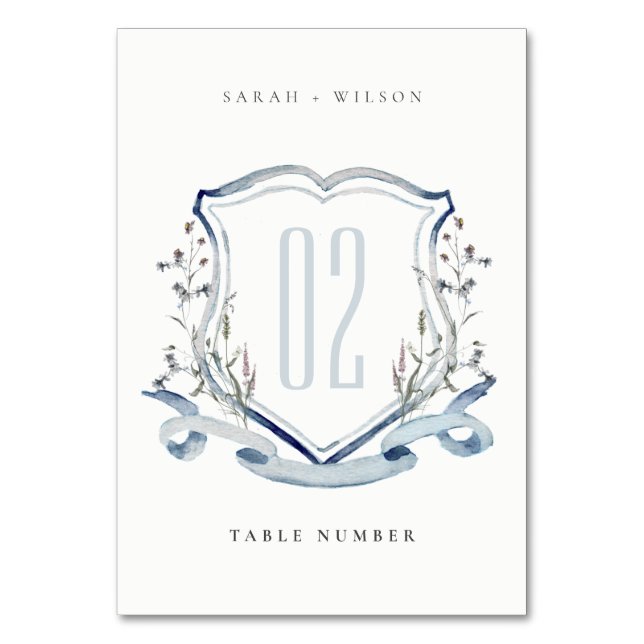 Elegant Blue Wildflower Watercolor Crest Wedding Table Number (Front)