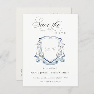 Elegant Blue Wildflower Watercolor Monogram Crest Announcement Postcard