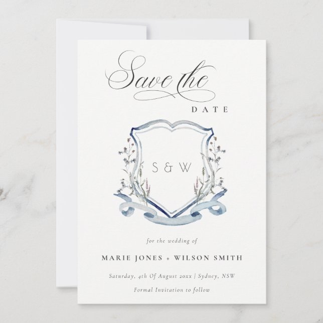 Elegant Blue Wildflower Watercolor Monogram Crest Save The Date (Front)