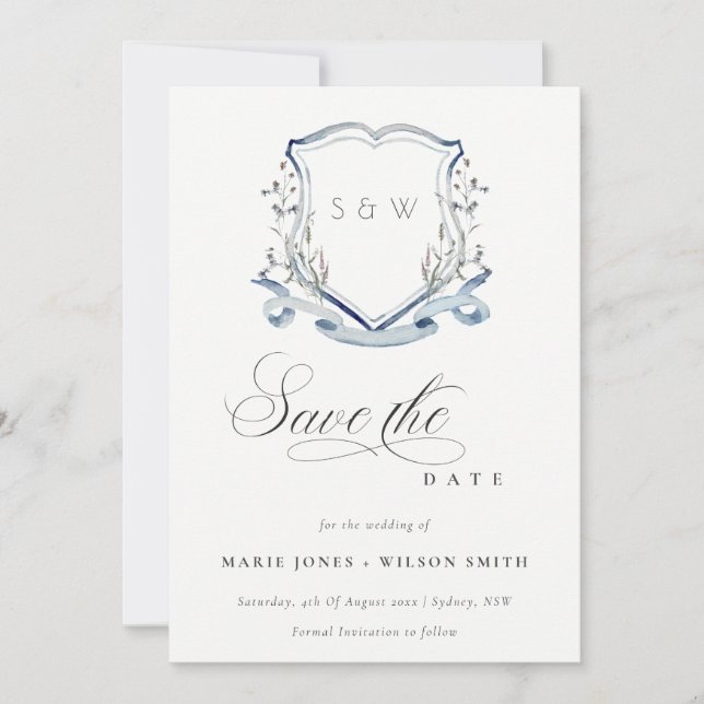 Elegant Blue Wildflower Watercolor Monogram Crest Save The Date (Front)