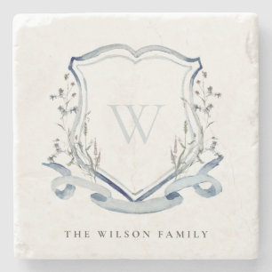 Elegant Blue Wildflower Watercolor Monogram Crest Stone Coaster
