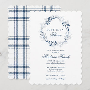 Elegant Blue Wildflower Wreath Plaid Bridal Shower Invitation