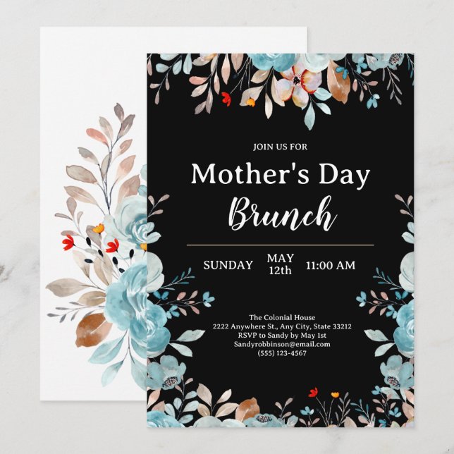 Elegant Blue Wildflowers Black Mother's Day Brunch Invitation (Front/Back)