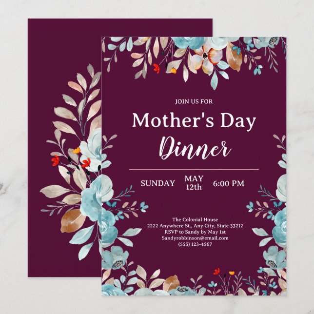 Elegant Blue Wildflowers Black Mother's Day Dinner Invitation (Front/Back)