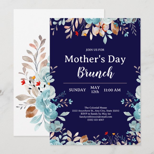 Elegant Blue Wildflowers Blue Mother's Day Brunch Invitation (Front/Back)