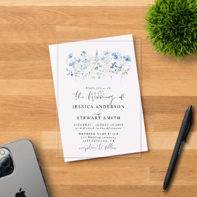 Elegant Blue Wildflowers Floral Wedding Acrylic Invitations (Insitu (Invitation Card))