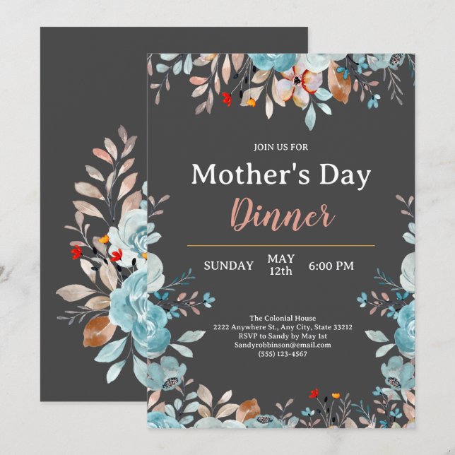 Elegant Blue Wildflowers Mint Mother's Day Dinner Invitation (Front/Back)