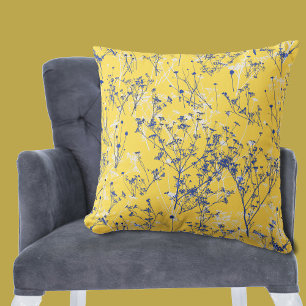 Elegant Blue Wildflowers on Mustard Yellow Cushion
