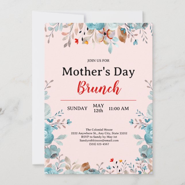 Elegant Blue Wildflowers Pink Mother's Day Brunch Invitation (Front)