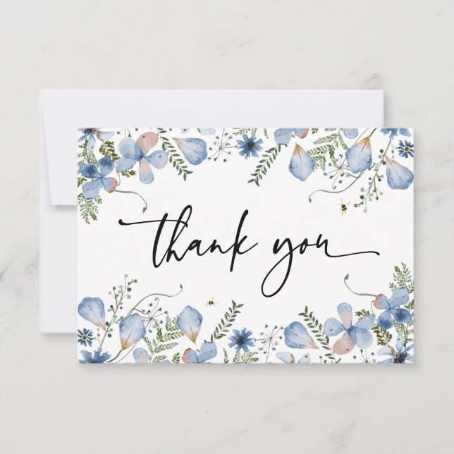 Elegant Blue Wildflowers Watercolor Thank You Card (Front)