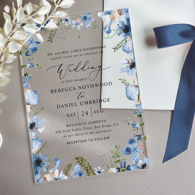 Elegant Blue Wildflowers Wedding Acrylic Invitations (Creator Uploaded)