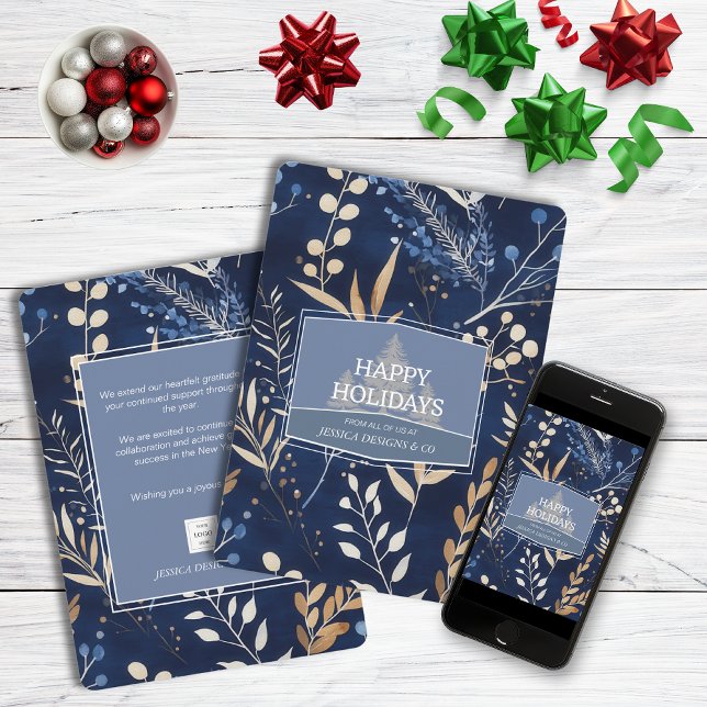 Elegant Blue Winter Botanical Christmas Corporate Holiday Card (Creator Uploaded)