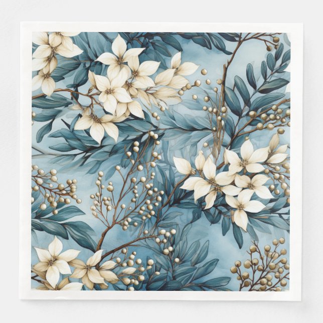Elegant Blue Winter Christmas Florals Napkin (Front)